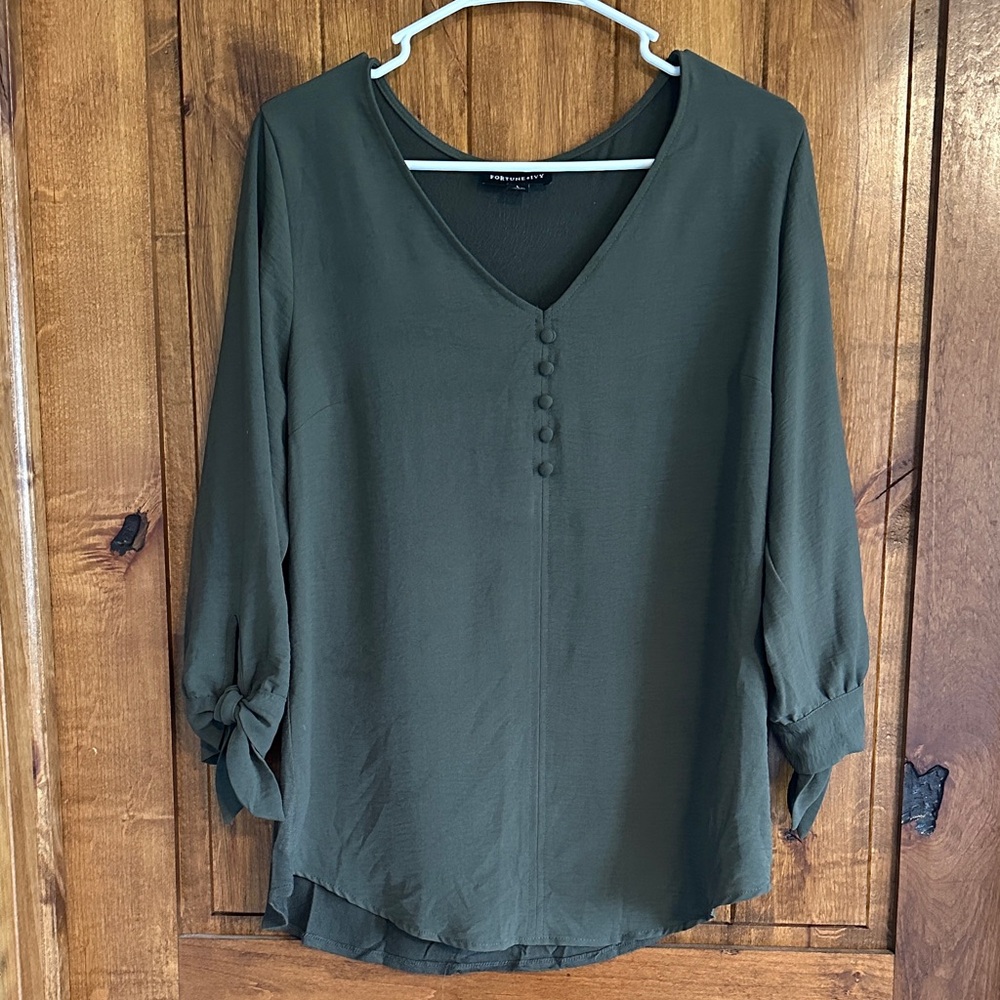 Fortune + Ivy V-Neck Buttoned Blouse - Olive